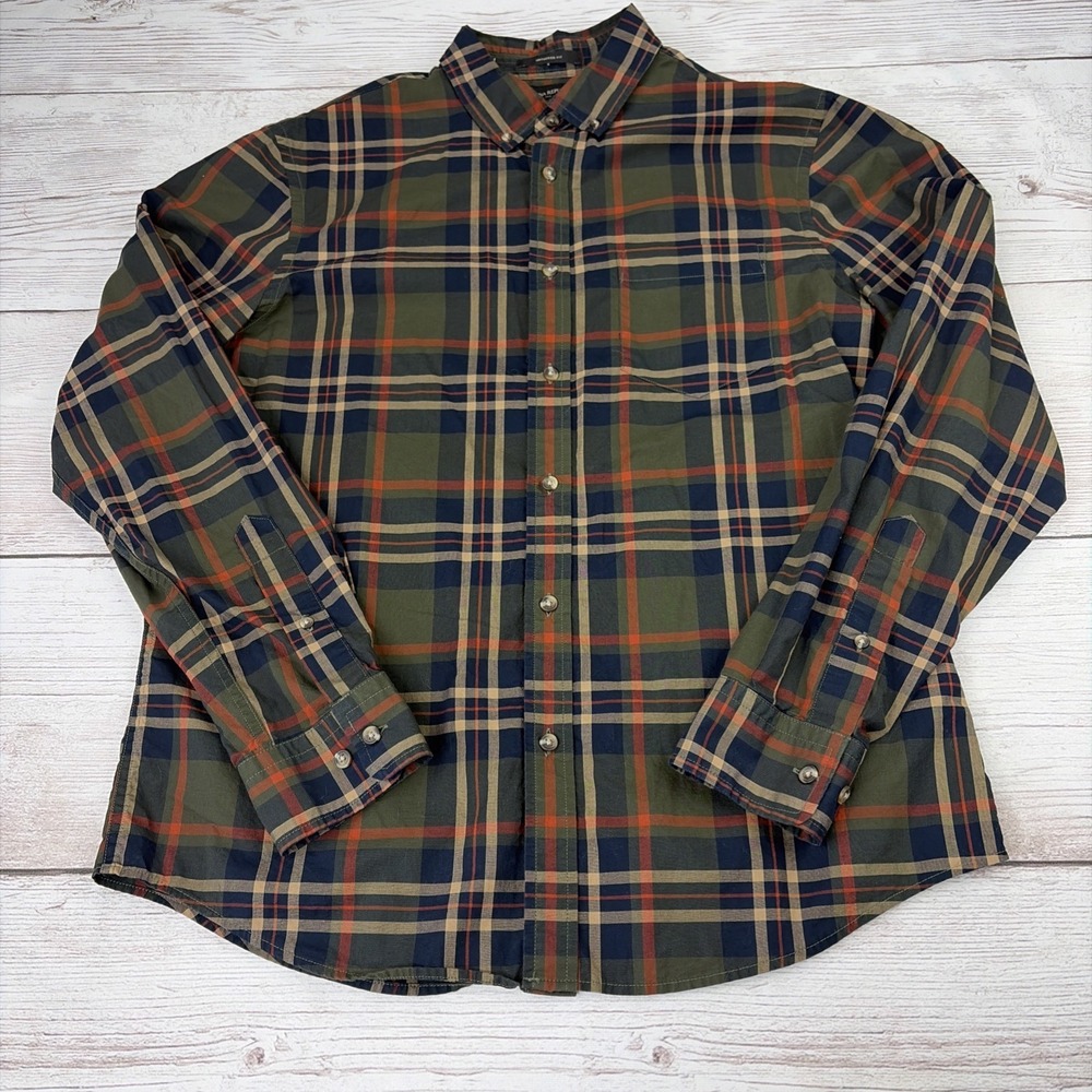 Banana Republic Untucked Fit Shirt Men's Large Plaid Green Blue Button Up